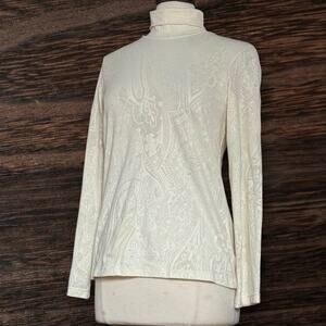 J Jill NEW Ivory Stretch Brocade Turtleneck Top Sz M Long Sleeves Closet Basic